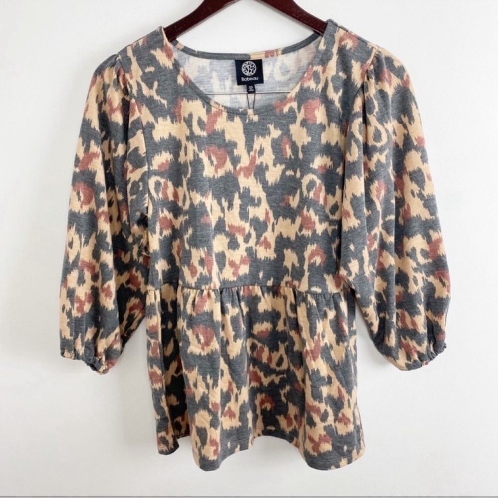 Bobeau Babydoll 3/4 Sleeves Blouse Size XS NEW Gray/Tan Nordstrom Animal Print